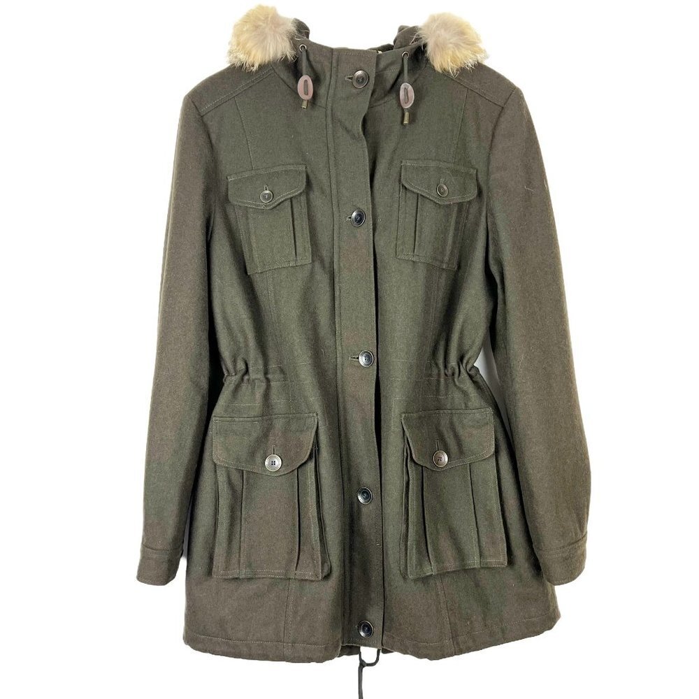 Marc New York Coat Womens Size 14 Olive Green Wool Blend Fur Trim Hooded Duffle